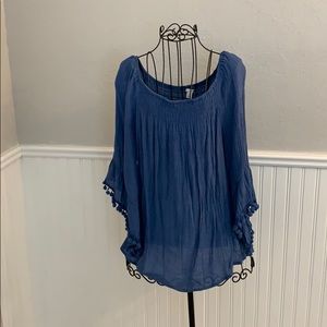 ♥️ C EST 1946 Blue Scoop-Neck FringedBlouse WomenL